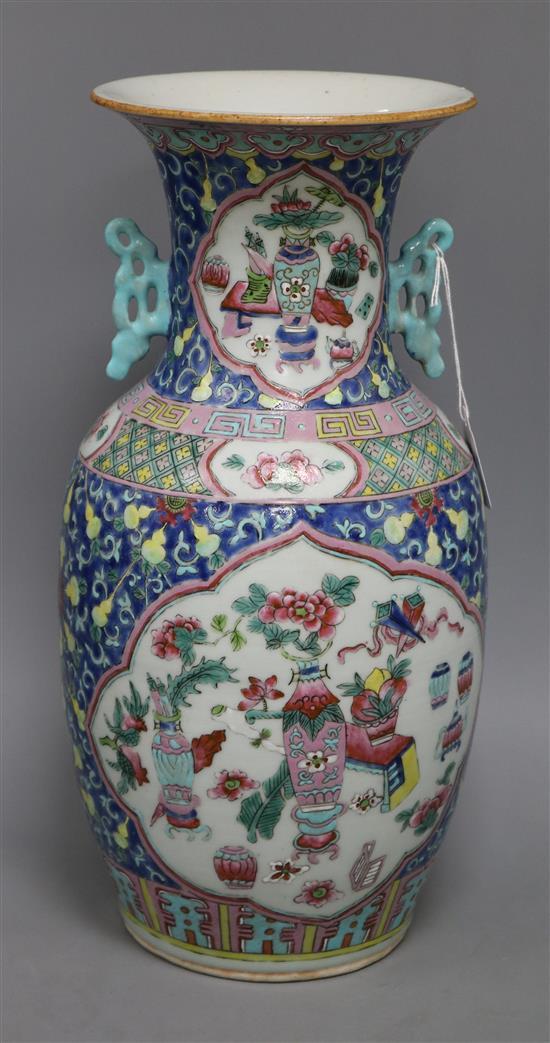 A 19th century Chinese blue ground famille rose vase height 42cm